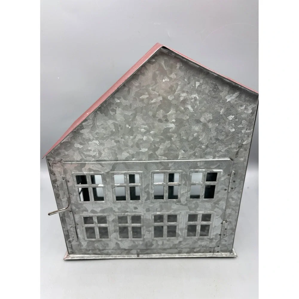 Galvanized Metal House Lantern Red Roof Decorative Accent‎